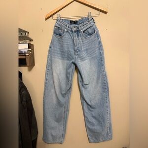 White fox button up blue straight leg jeans